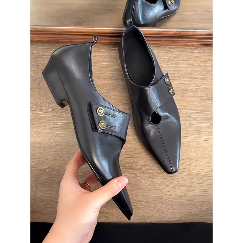 Sheepskin Version~ Super Soft Small Gold Buckle Pointed Small Leather Shoes Women's Design Thick Heel Versatile Household Shoes