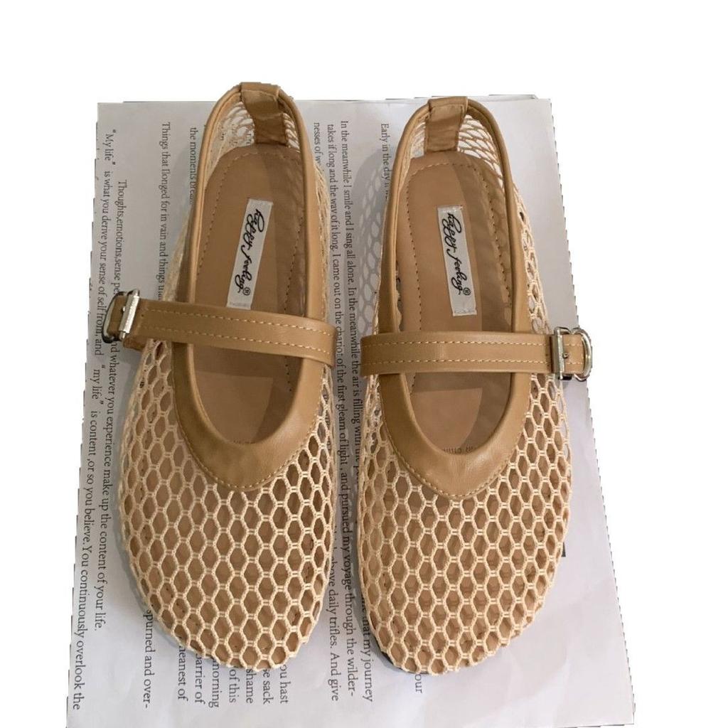 Happyfeeling One-word Buckle Strap Single Shoes Women's 2025 Summer New Flat-bottomed Hollowed-out Mary Jane Fishing Net Shoes