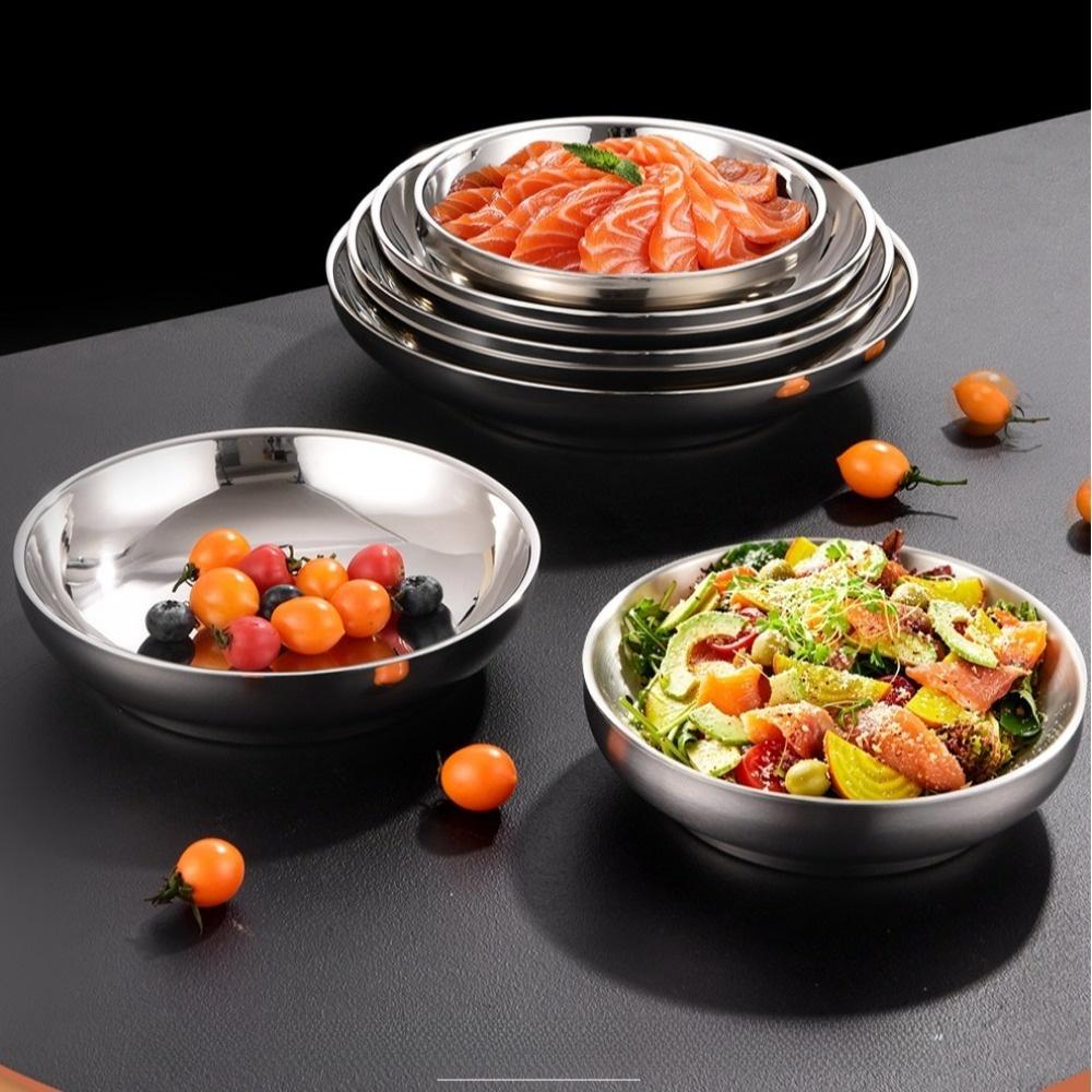 New Thickened 304 Stainless Steel Plate Round Shape Silver Color Stainless Steel Bowls Flat Bottom Food Containers Dishware