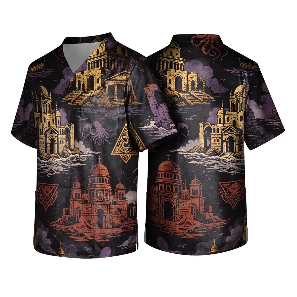 Herren Halloween Print V-Ausschnitt Kasack mit Tasche Kurzarm Uniformhemd