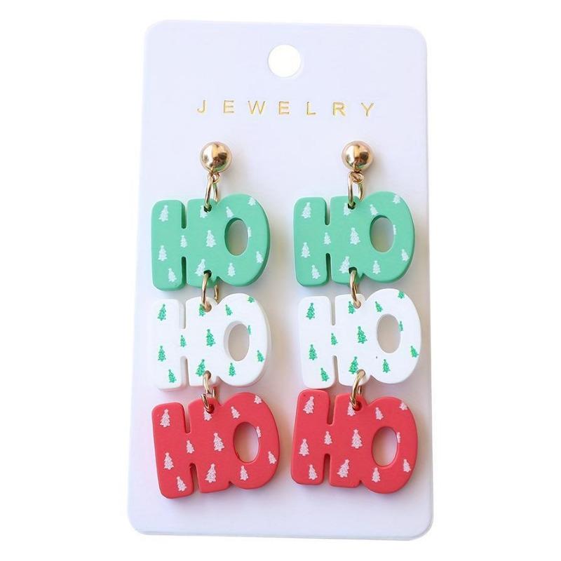 Christmas acrylic imitation soft pottery paint earrings personalized letters Christmas tree print earrings holiday earrings female