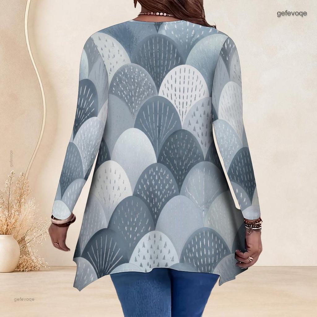 Women Plus Size V Neck Long Sleeve Watercolor Printed Asymmetric Hem Tunic Top