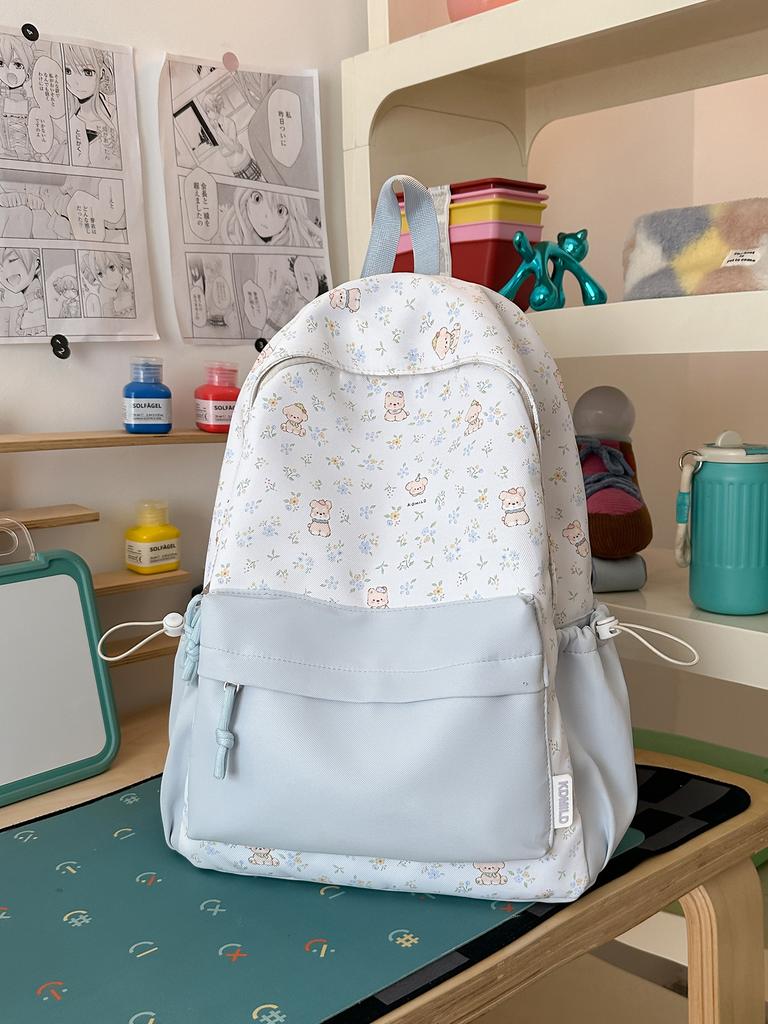 Schoolbag milky white fresh floral cute bear patchwork student backpack for students and healing style gentle bestie travel mini backpack