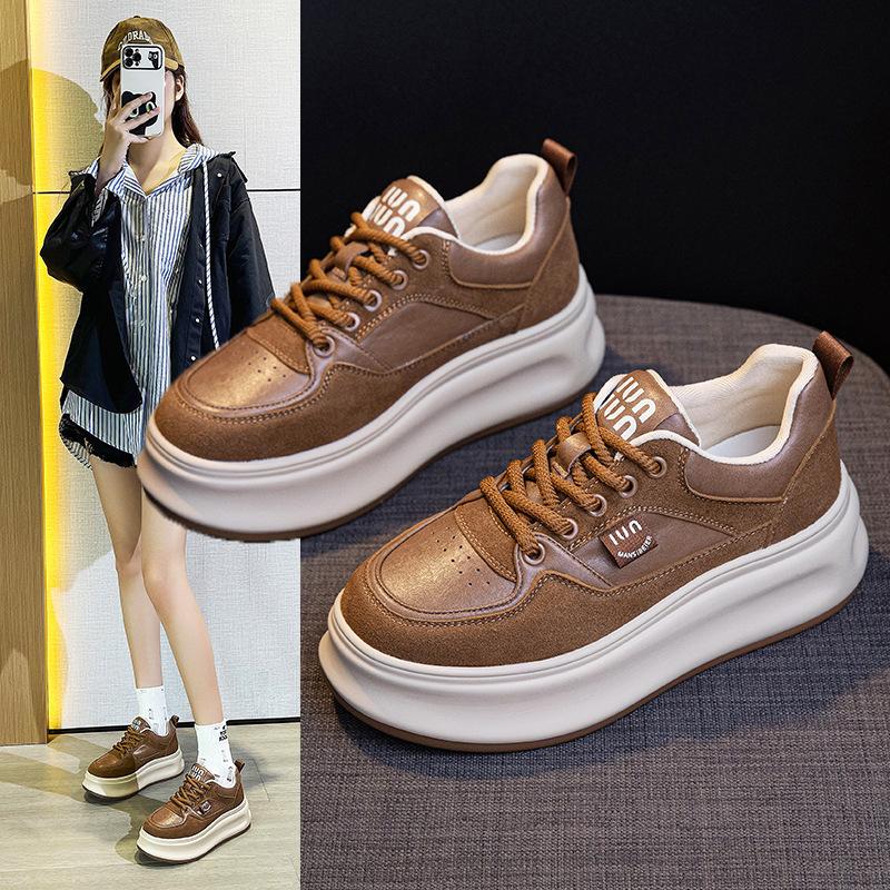 Thick baseplate shoes spring and autumn new leather heightening small student breathable casual shoes tide