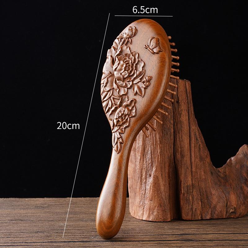 Hand Carved Sandalwood Comb Oval Shape Wooden Air Cushion Comb Styling Brush Fine-Toothed Scalp Massage Brush