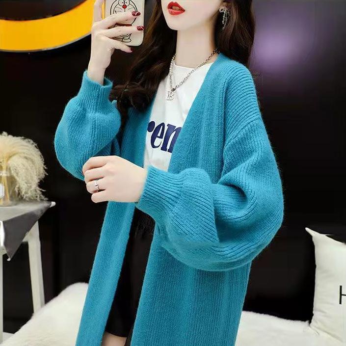 Mid-length Cardigan Sweater for Women's Autumn and Winter Wear Loose Large-sized Cardigan Long-sleeved Solid Color Knitted Coat
