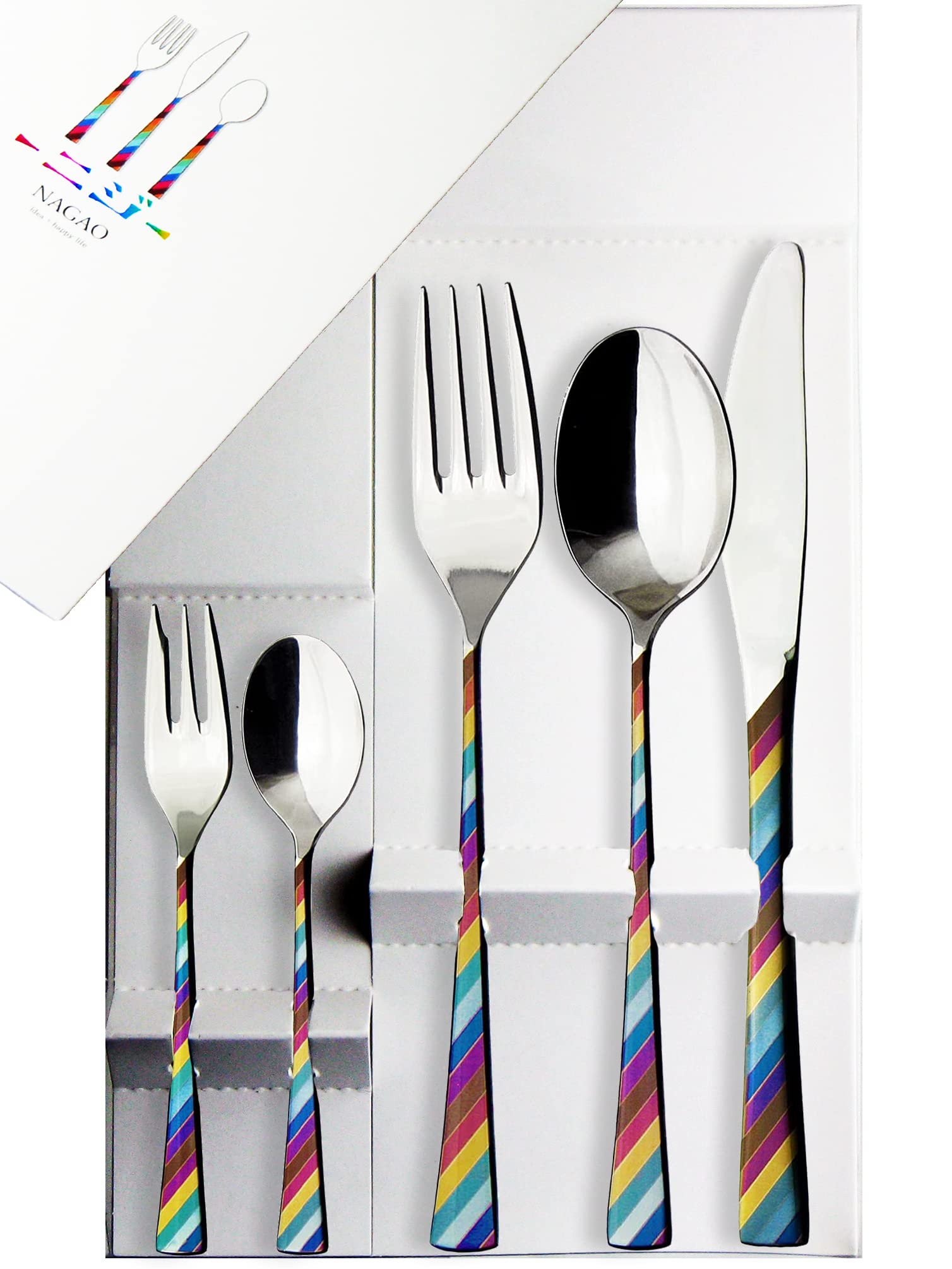 Nagao Dinner Cutlery 5 Stainless Made in Gift Packaging -Niji- Set, Pieces, 18-8 Steel, Multi-Colored, Japan,