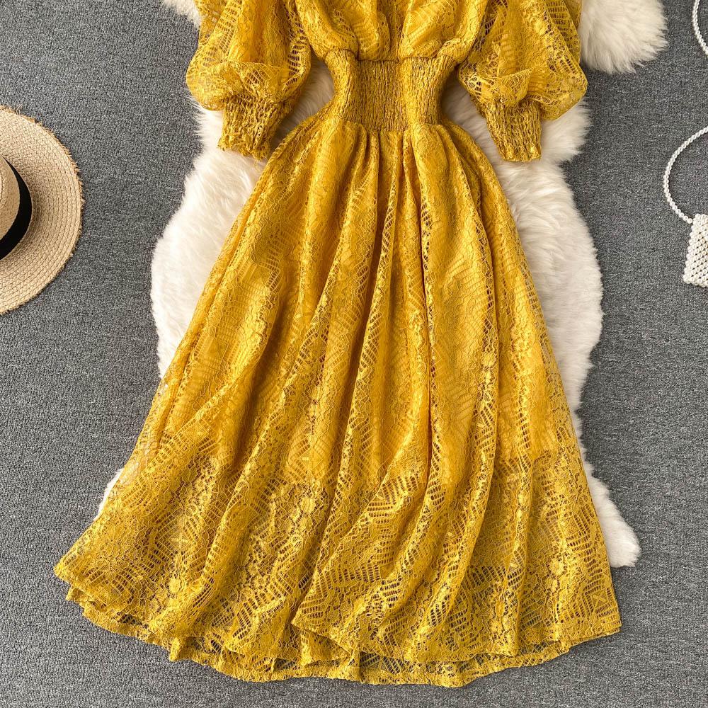 Vintage Frauen Spitzenkleid Frühling Herbst Puffärmel Hohe Taille Party Robe Weiblich Elegant Grün Lila Midi Kleider