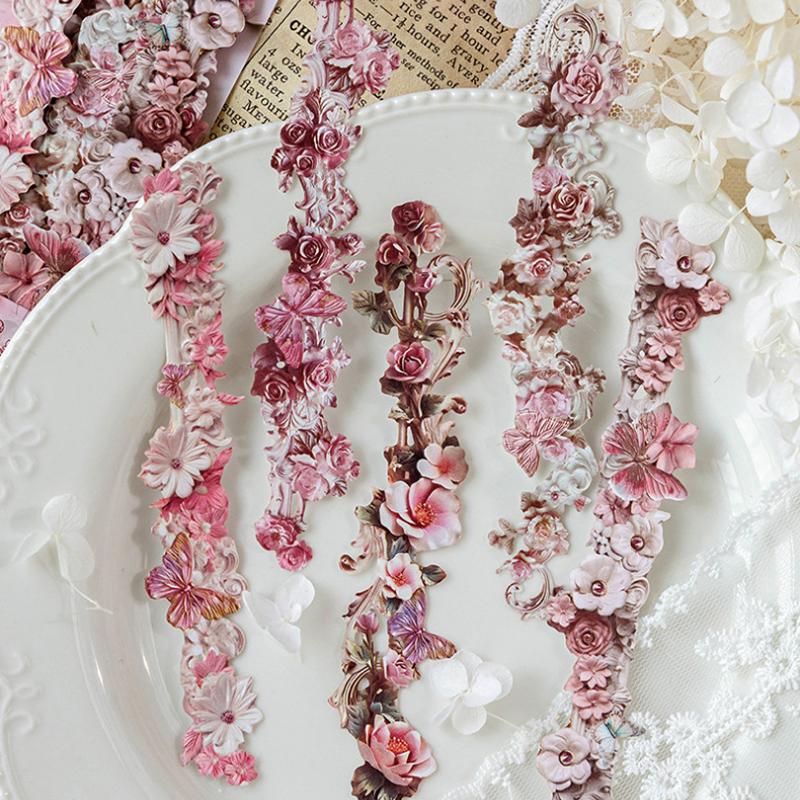 10Sheets Long Floral Stickers Hollow Relief Craft Diy Scrapbooking Collage Stationery Decor Journal Frame Decoration Stickers