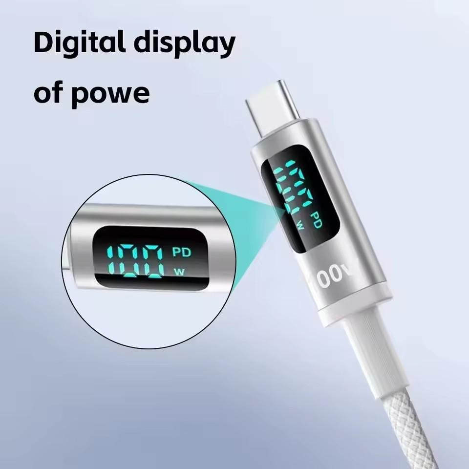 100W PD Fast Charging Cable USB-C to USB-C Cable 5A Nylon Braided with Real-Time LED Display OD4.0 High-Speed Data Cable