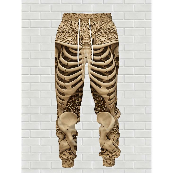 Fashion Casual Autumn Winter Men's Set, Skeleton Floral Carved 3D Print Long Sleeve Hooded Sweatshirt and Pants, 2pcs, Gothic & Streetwear Style,