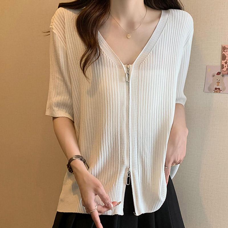 Women Sweaters Cardigans 2025 Summer Short Sleeve V-Neck Black White Knitted Sweater Women Tops Cardigan JJ128