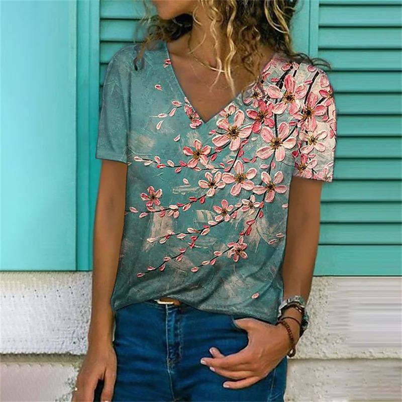 Sommer Kvinner Kortermet V-hals Oversized T-skjorte for kvinner Hvit mote T-skjorte for kvinner 3d Dragonfly Print Topp Uformelle klær