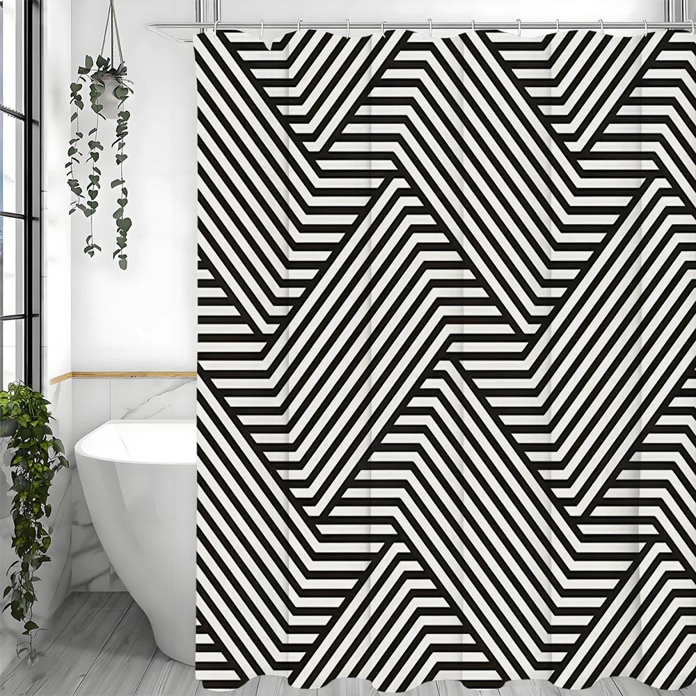 Black and White Stripe Interspersed Modern Shower Curtain, Bathroom Decorative Shower Curtain, Waterproof Shower Curtain with Ho