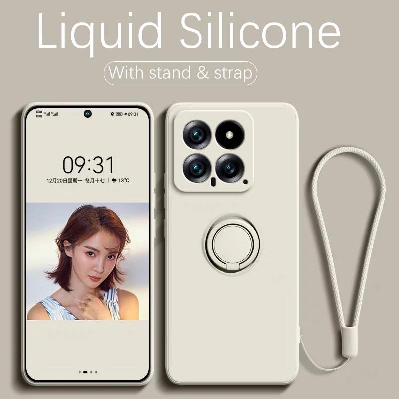 Liquid Silicone Case For Xiaomi 14T Pro 360 ° Rotating Ring Holder Cover For Xiaomi 15 14 13 12 13T 12T Pro Fundas With Strap