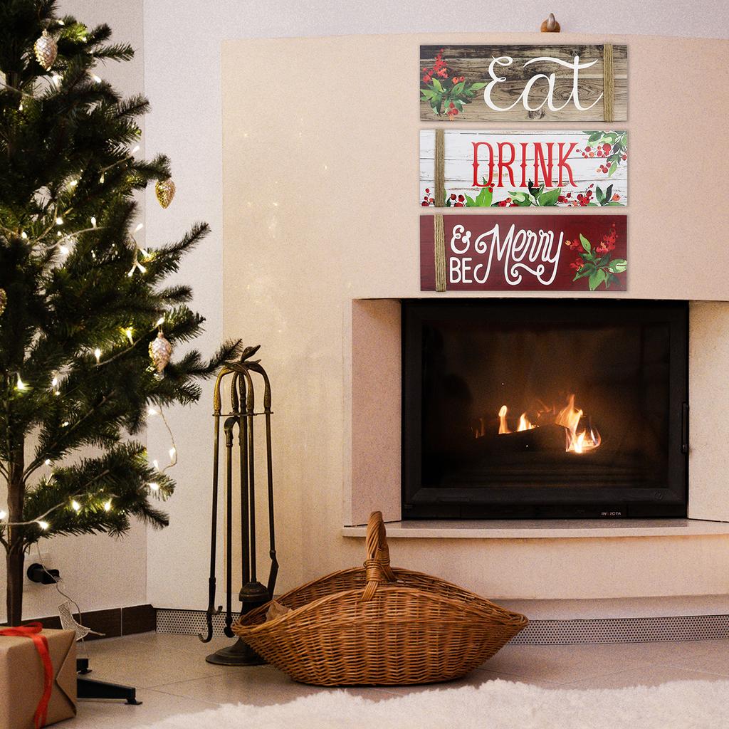 3PCS Christmas Wood Home Sign Be Merry & Eat & Drink Pattern Merry Christmas Front Door Sign for