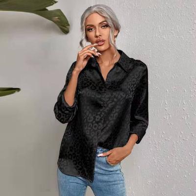 Damen Satin Hemd mit Leopardenmuster Oversized Langarm Button-Down Bluse