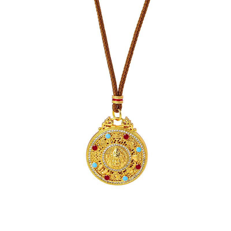 Ethnic Style Drip Oil Eight Treasures Compass Necklace with Sand Gold God of Wealth Pendant