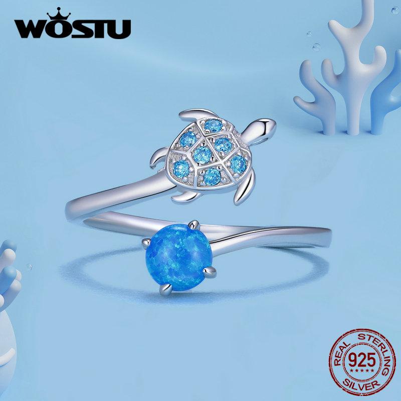 WOSTU Real 925 Sterling Silver Blue Turtle Fire Opal Opening Ring For Women Ocean Animal Stackable Ring Party Jewelry Gift