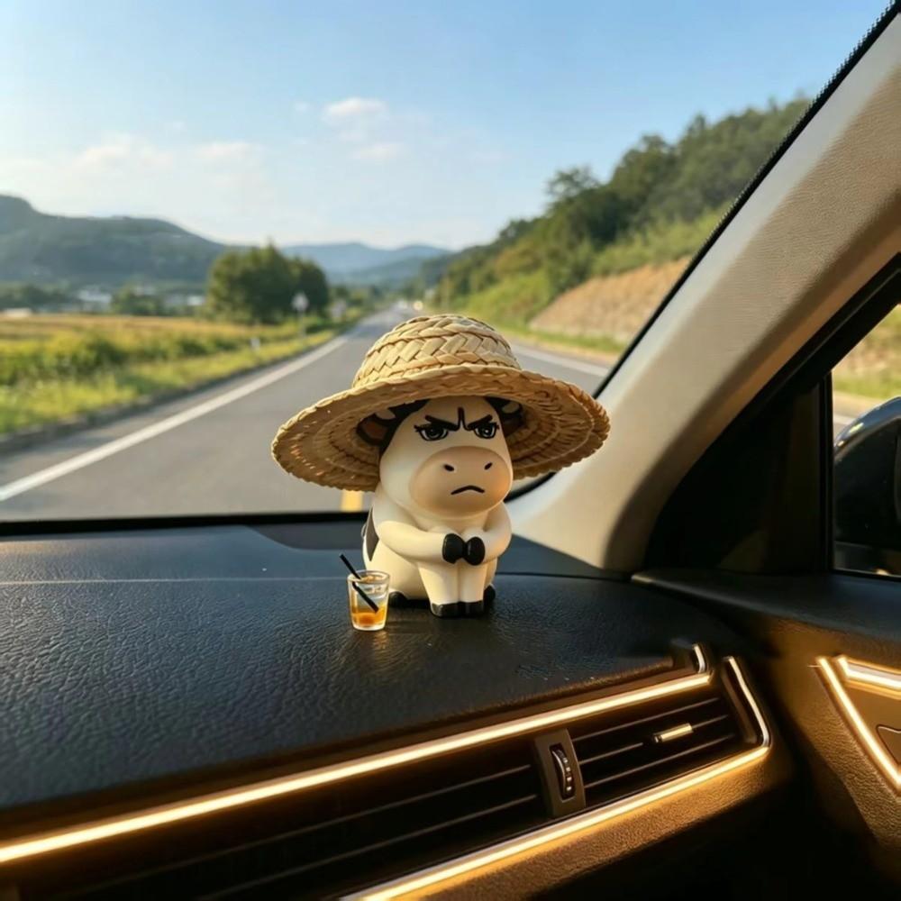 Straw Hat Weirdly Cow Figurine Decorative Dashboard Ornament Desk Decor Figurine Desk Decoration