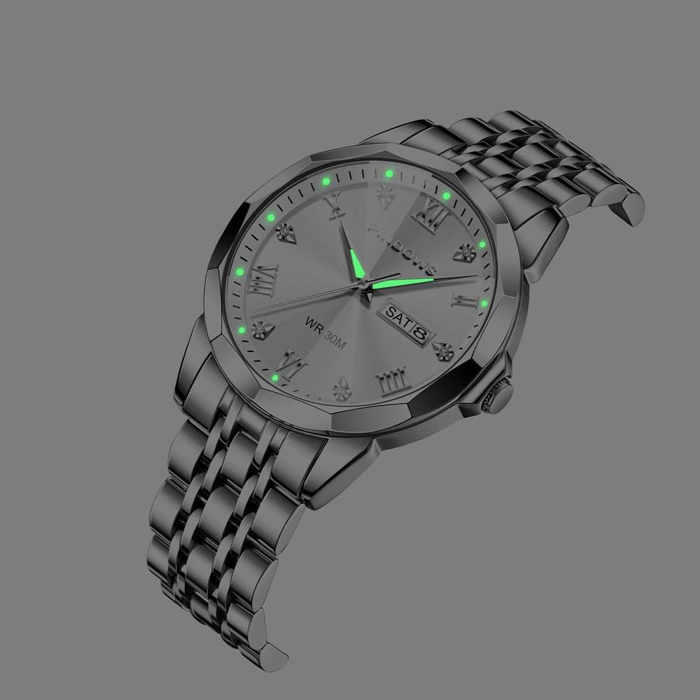 PINDOWS Men's Analog Quartz Watch with Day Date Display Stainless Steel Band Daily Life Water Resistance