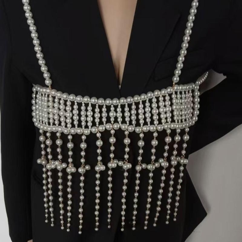 Elegant Pearls Chest Chain with Rhinestones Layered Crystal Body Chain Jewelry for Women Party and Festival Wear
