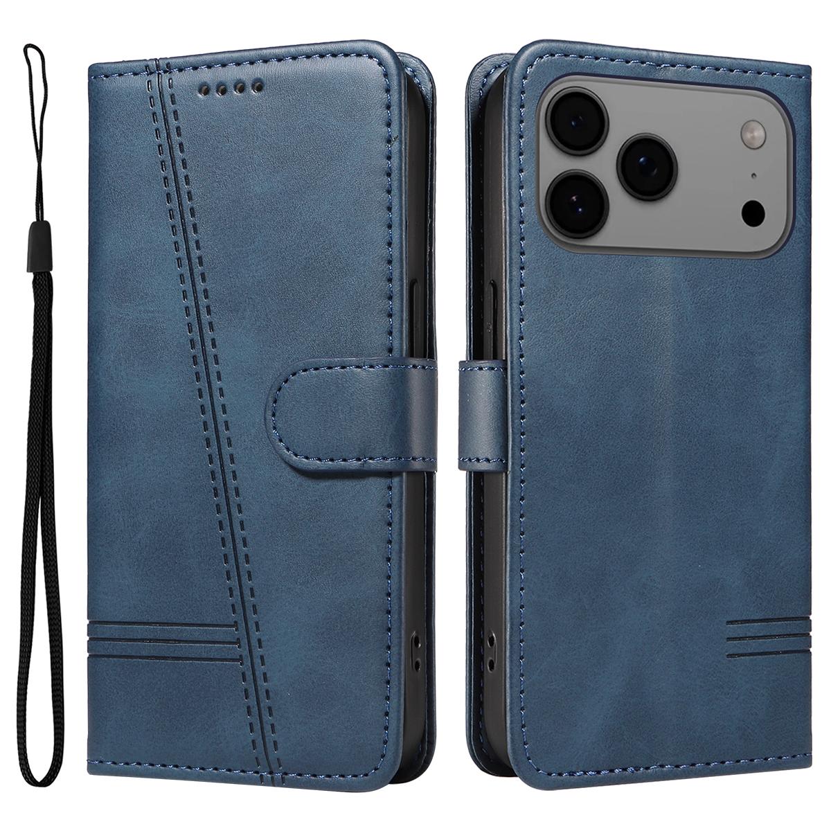 

For iPhone 17 Pro Max Wallet Case T-Shape Lines Leather Phone Cover Stand Blue