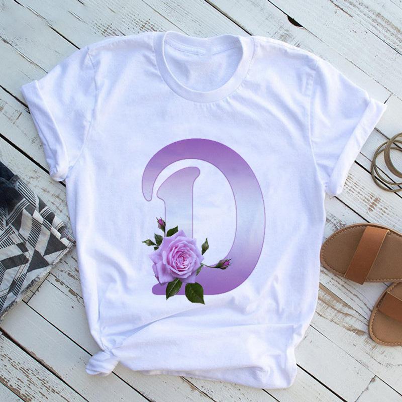 New English Name Rose Monogram Printed Tshirt Flower Short Sleeve Top Tshirt Women Clothing Graphic T Shirts Tops Aesthetic