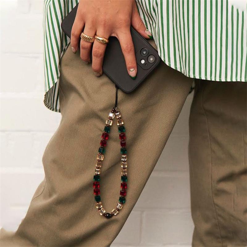 

European and American Bohemian trend cycle color block 8mm crystal mobile phone chain hand rope