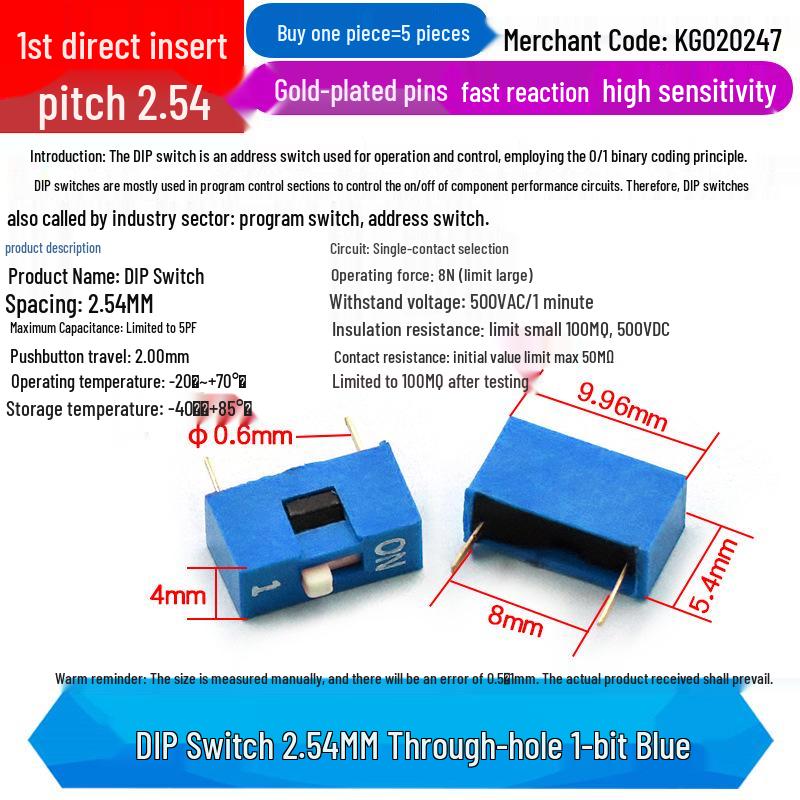 SMD DIP Switch, Flat Toggle, 2P 4-10 Positions, 2.54mm, Red/Blue/Black