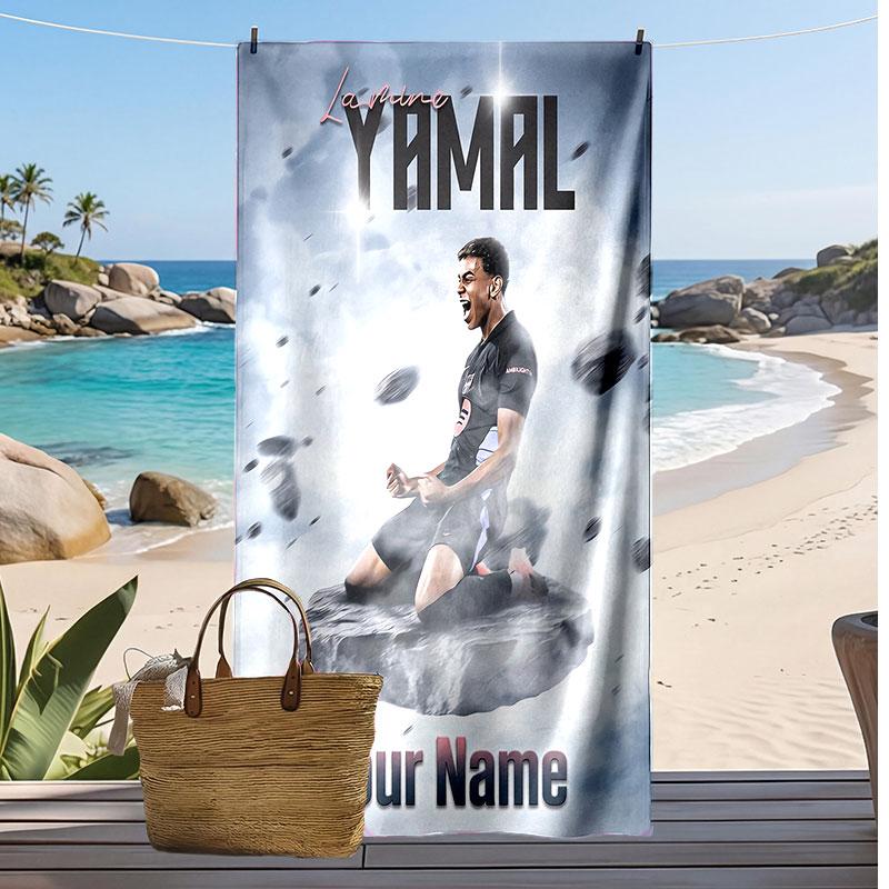 Asciugamano da Spiaggia Personalizzato Stampato Lamine Yamal Logo Calcio Supporto Nome Personalizzato Testo Asciugamano Assorbente Per Sport Viaggio Regalo Speciale