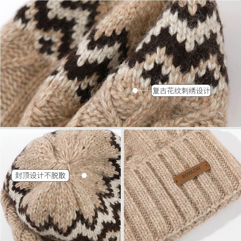 Hat women's autumn and winter striped wool knitted hat retro warm jacquard big head circumference ear protection niche wool hat