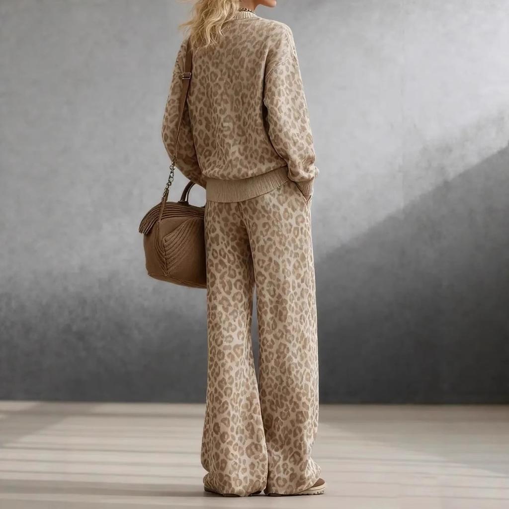 Womens Beige Leopard Print Sweater and Wide Leg Pants Two Piece Set
