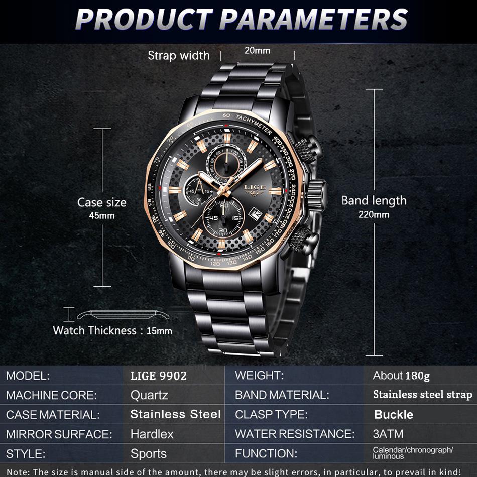 LIGE Men's Multi-function Waterproof Steel Watch with Calendar