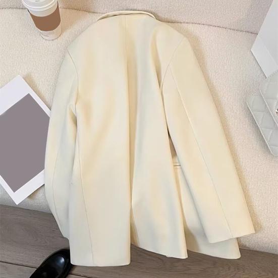 Women Suit Coat Lapel Long Sleeve Double Placket Suit Jacket with Pockets Solid Color Loose Fit Mid-length Business Outerwear