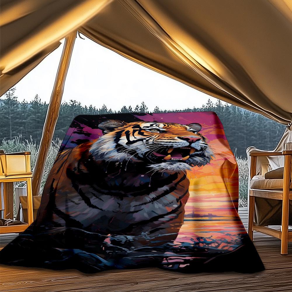 1pc Tiger Print Print Outdoor Blanket, Lightweight Polyester,