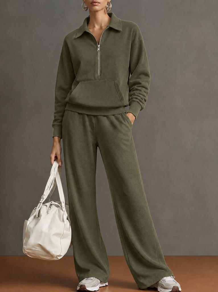 Conjunto de chándal de 2 piezas para mujer, sudadera con media cremallera y cuello, pantalones de pierna ancha, conjunto informal holgado para otoño e invierno