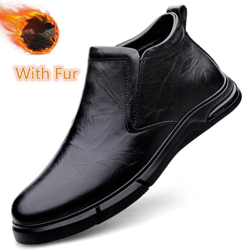 Fashion Genuine Leather Men Casual High Top Shoes Male Comfortable Motorcycle Boots Men Winter Plush Snow Boots Side Zipper Men Sneakers