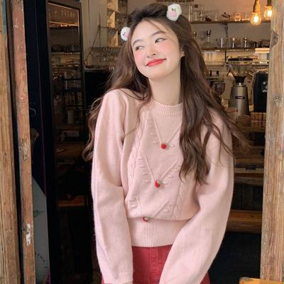 Sweet Girl Pink Little Strawberry Sweater Base with Soft Waxy Round Neck Long Sleeve Pullover Sweater Top
