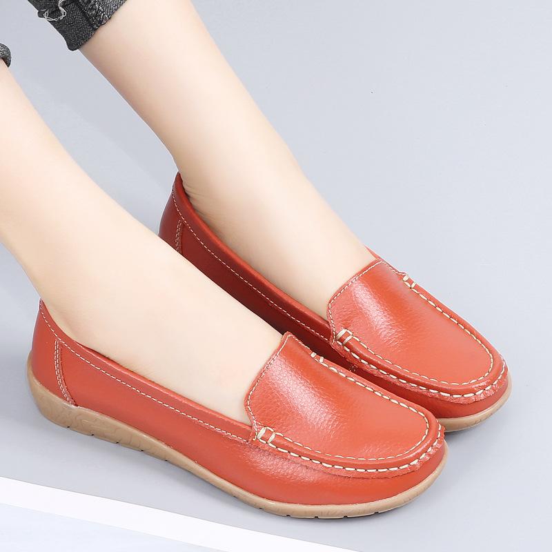Large Size Women's Shoes Four Season Flat Single Shoes Genuine Leather Beans Shoes Middle-aged and Elderly Soft Sole Mother's Shoes