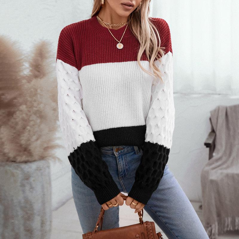2024 Autumn And Winter European And American Round Neck Long Sleeved Casual Contrasting Pullover Sweater For Women