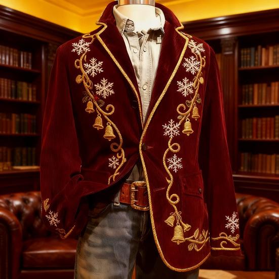 Pánské manšestrové sako Jednořadé sako Klopa Dlouhý rukáv 3D Vánoční tématický potisk Slim Fit Sako Formální jevištní oblečení
