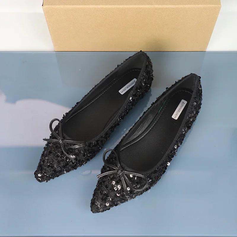 

Мода Новинка 2025 Роскошные Блестящие Пайетки Женская Обувь Элегантный Острый Носок Неглубокая Мягкая Подошва Свидание Женская Осень Весна Балетки Большой Размер 42 чёрный