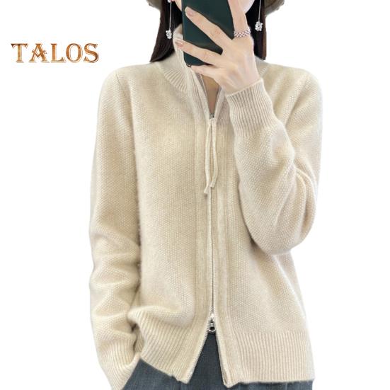 Women Knitted Sweater Coat High Collar Long Sleeve Double Zipper Placket Autumn Winter Solid Color Knitwear