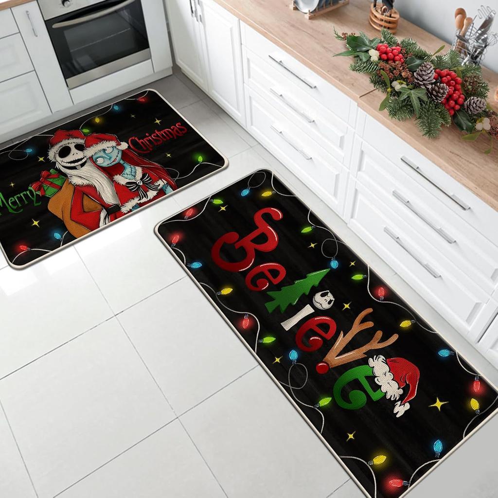 Christmas Kitchen Mat Household Kitchen Water-Absorbing And Dirt-Resistant Long Strip Two-Piece Set Foot Mat Decorative Floor Mat