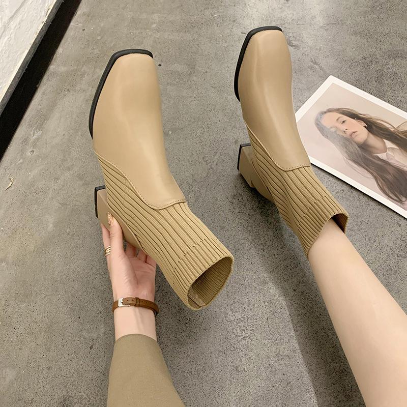 Fashion New Autumn Winter Style Thick Medium Heel Square Toe Short Boots for Women Knitted Simple Comfortable Daily  Women's Shoes
