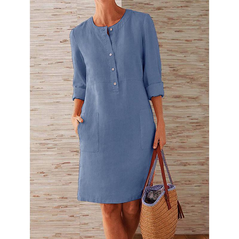 2024 Spring Women's Plus Size Long Sleeve Cotton Linen Round Neck Dress