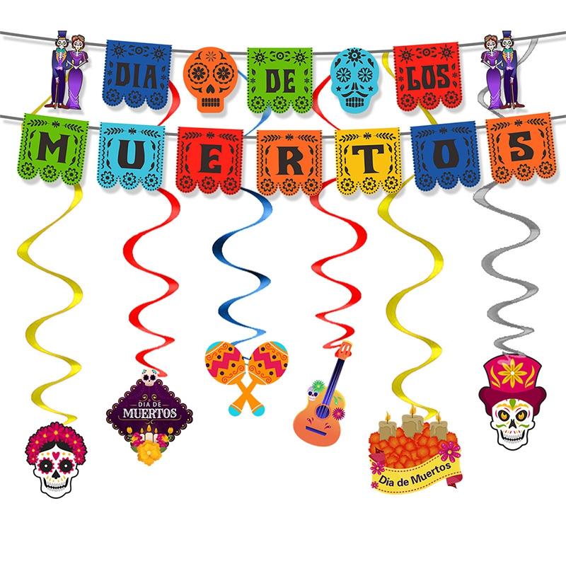 Mexican Day Of The Dead Party Decoration Pull Flag Banner Skull Head Banner Flag Cake Topper Halloween Wall Decoration