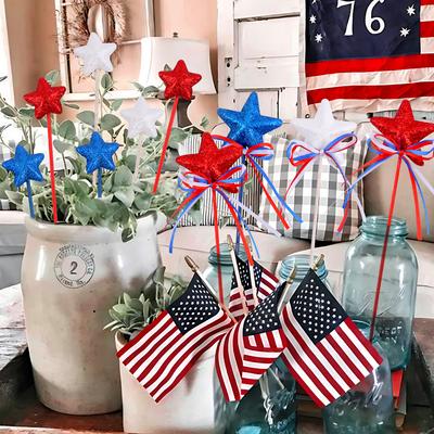 Glitter Star Picks Foam Sparkly Sticks Patriotic Star Picks Memorial Day Star Hanging Ornaments Independence Day Decoration