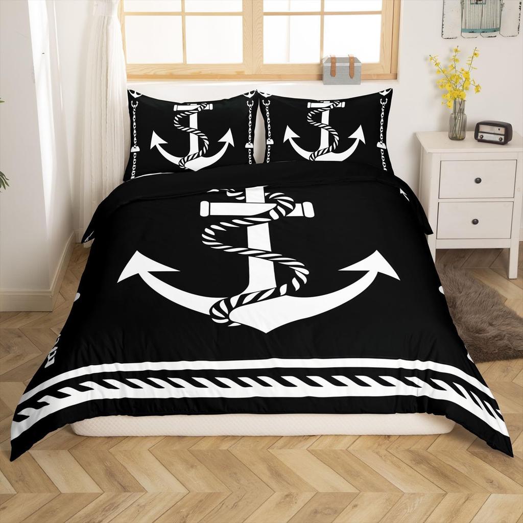 Nautical Anchor Striped Pattern Bedding Cover With Pillowcase Quilt Cover Three-Piece Duvet Cover Set